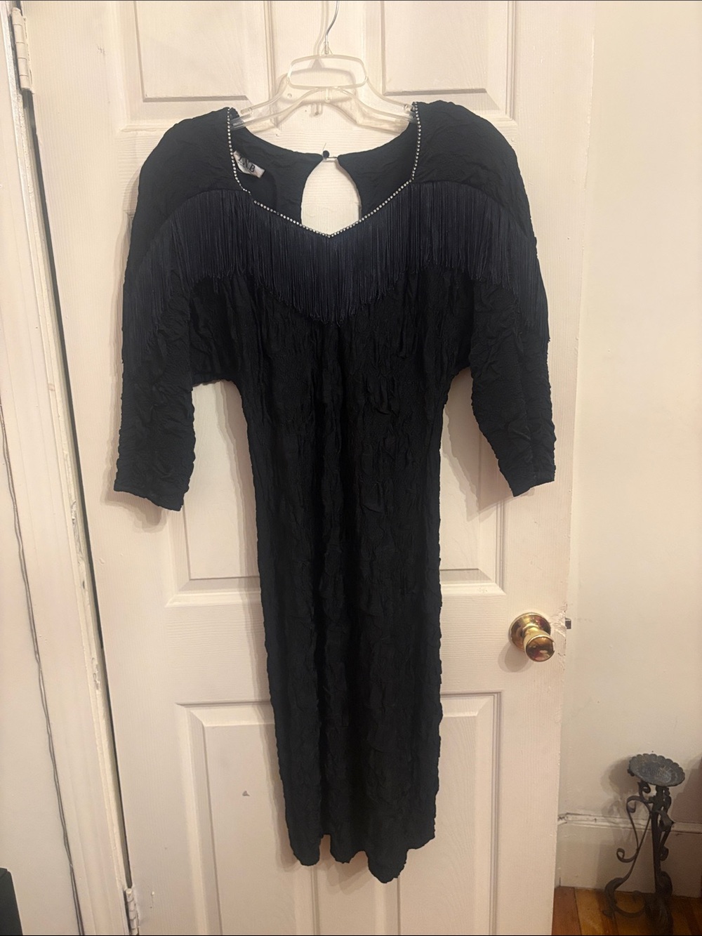 Black Fringe-Trim Long Sleeve Midi Dress